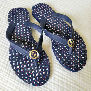 Tommy Hilfiger Womens 8 Flip Flops Foam Sandals Thong Strap Red White Navy Blue